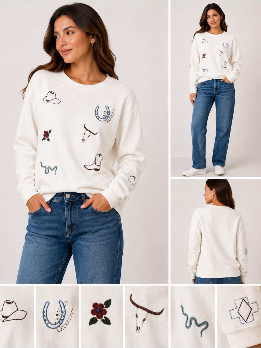 Pendleton Cream Crewneck Sweater with Western Embroidery